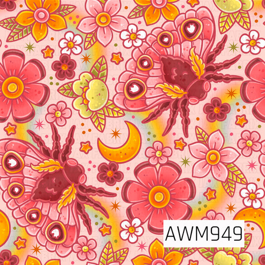 A whimsical seamless fabric design featuring rosy pink luna moths, blooming flowers, crescent moons, stars, and leafy accents. The warm palette of pink, coral, burgundy, and golden yellow creates a dreamy celestial garden aesthetic with charming cottagecore appeal, perfect for quilting cotton, apparel fabrics, nursery textiles, and handmade sewing projects.
