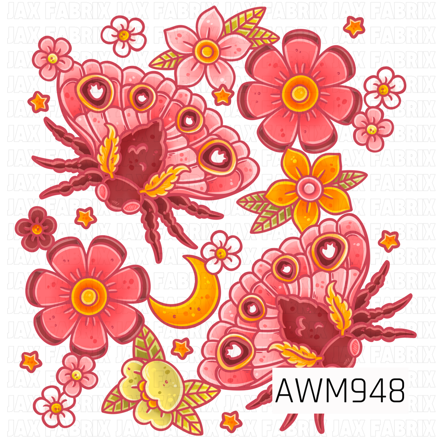 A whimsical fabric design featuring rosy pink luna moths, blooming flowers, crescent moons, stars, and leafy accents. The soft palette of pink, coral, burgundy, golden yellow, and sage green creates a dreamy celestial garden aesthetic with charming cottagecore appeal, perfect for quilting cotton, apparel fabrics, nursery textiles, and handmade sewing projects.
