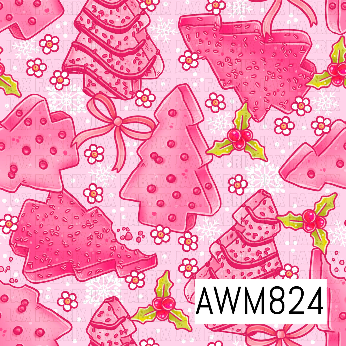 A festive Christmas seamless pattern featuring pink cookie-shaped Christmas trees, bows, and cozy knit-inspired designs, accented with holly, snowflakes, and tiny flowers. Set against a soft pastel pink background with scattered white dots, this cheerful design combines bright pinks and whimsical holiday details for a sweet, festive look.