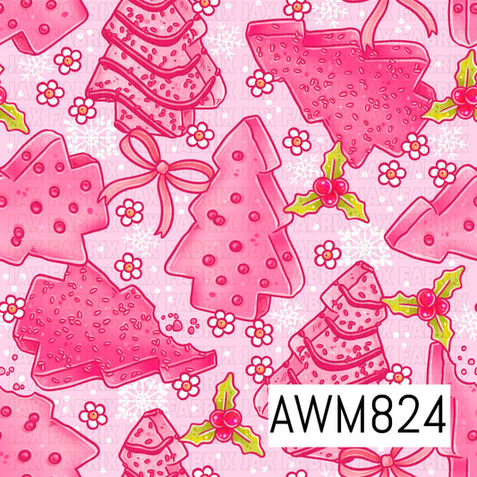 A festive Christmas seamless pattern featuring pink cookie-shaped Christmas trees, bows, and cozy knit-inspired designs, accented with holly, snowflakes, and tiny flowers. Set against a soft pastel pink background with scattered white dots, this cheerful design combines bright pinks and whimsical holiday details for a sweet, festive look.