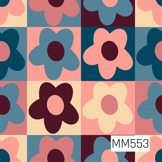 A bold retro floral checkerboard pattern featuring oversized five-petal flowers arranged in alternating square blocks. The design combines dusty teal blue, deep burgundy, coral pink, muted rose, and buttery cream, with contrasting circular flower centers. The colorful geometric layout and rounded blooms create a playful, vintage-inspired look with a fun 70s aesthetic.