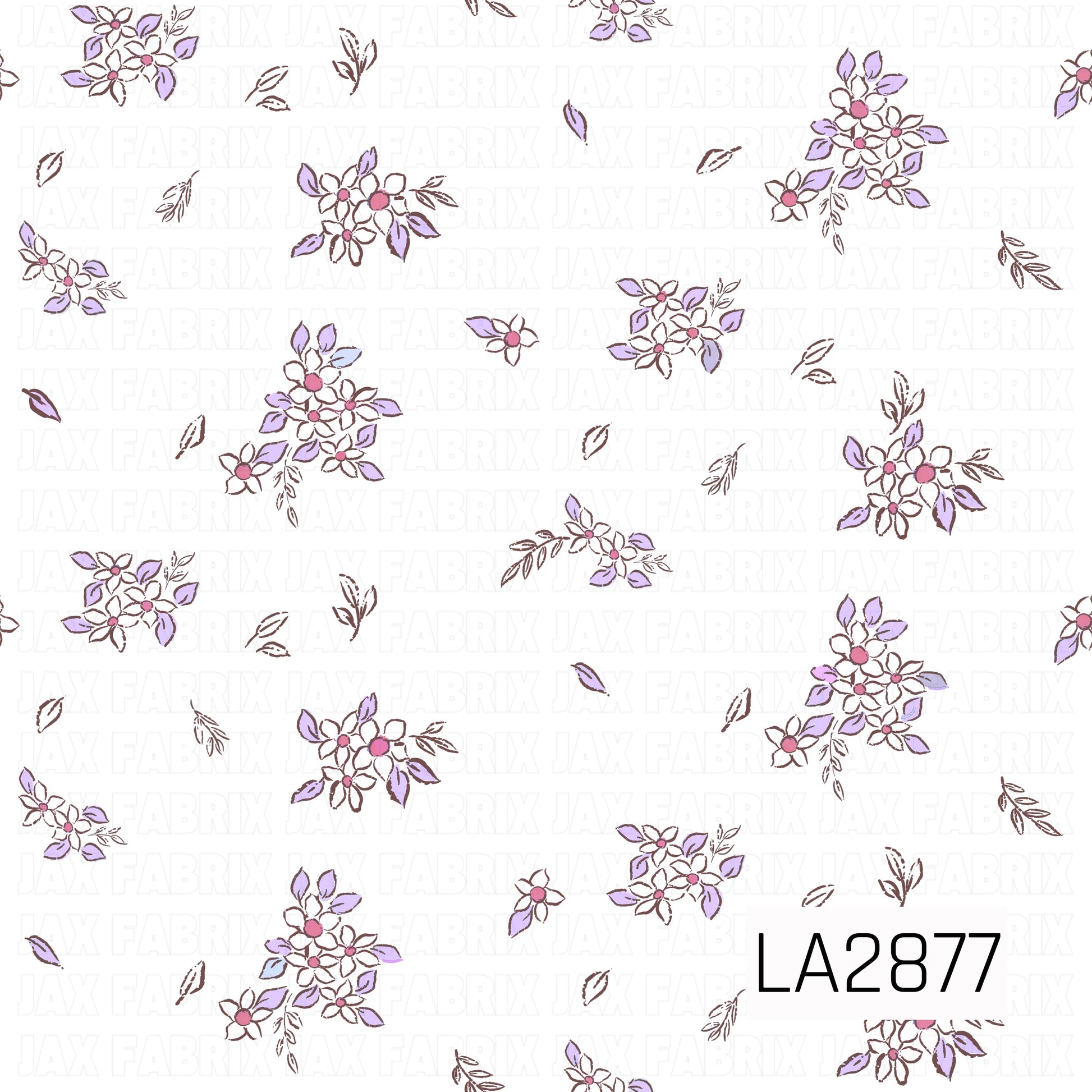 A delicate ditsy floral pattern featuring small white flowers with soft pink centers, accented by lavender leaves and warm brown stems. Scattered across a pale blush background, the gentle color palette creates a charming vintage-inspired design that's perfect for coordinating fabrics and bows.
