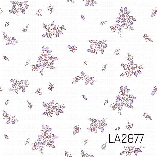 A delicate ditsy floral pattern featuring small white flowers with soft pink centers, accented by lavender leaves and warm brown stems. Scattered across a pale blush background, the gentle color palette creates a charming vintage-inspired design that's perfect for coordinating fabrics and bows.

