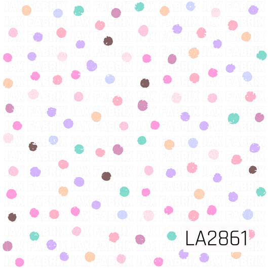A playful scattered dot pattern featuring soft shades of pink, blush, lavender, lilac, mint green, peach, periwinkle blue, mauve, and chocolate brown on a crisp white background. The pastel color palette creates a sweet, cheerful design that pairs beautifully with coordinating prints and projects.
