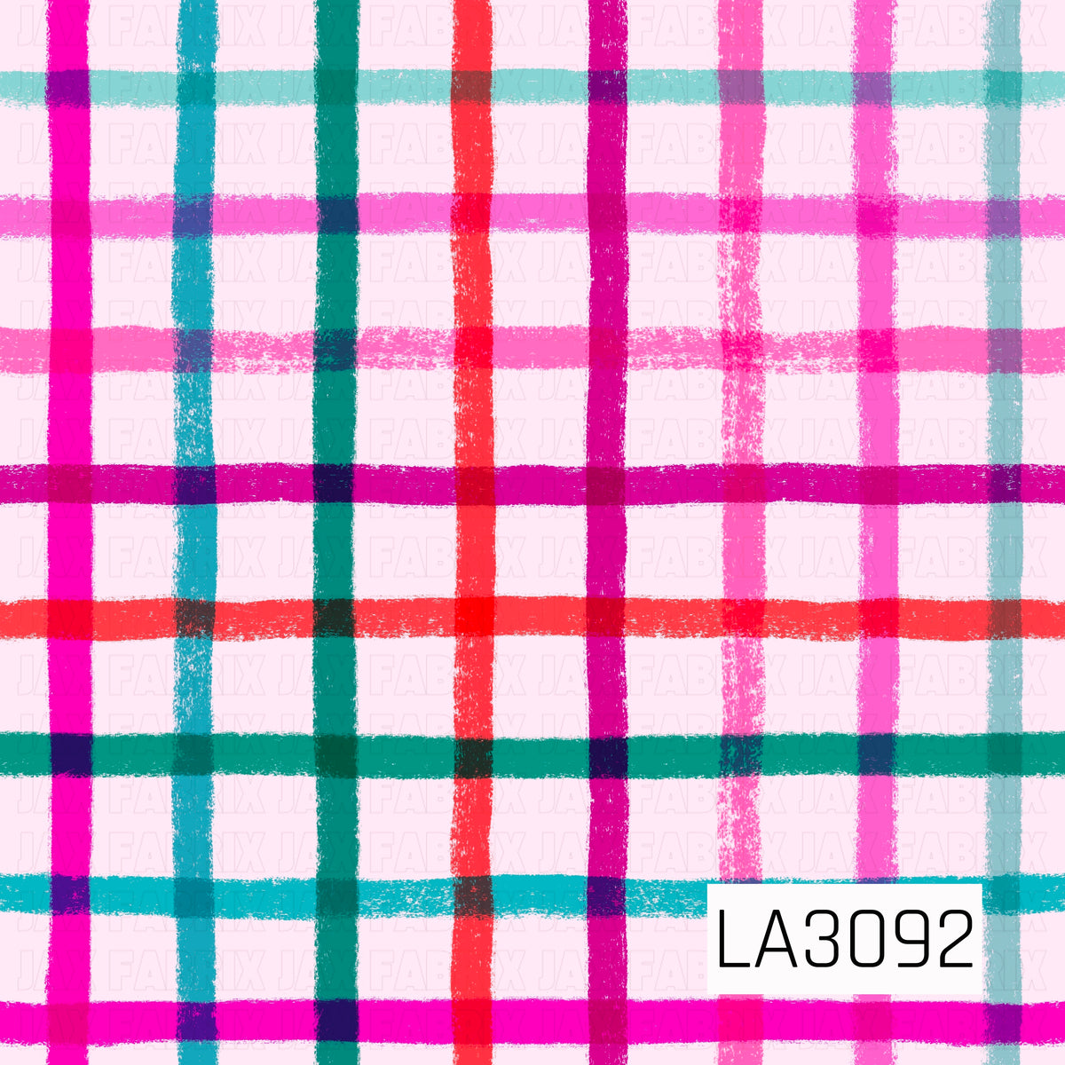 A cheerful hand-painted plaid featuring bold stripes of hot pink, coral red, turquoise, teal, magenta, and soft aqua layered over a pale blush pink background. The textured, slightly imperfect brushstrokes give the design a playful, artistic look.
