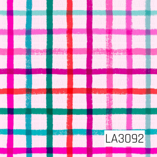 A cheerful hand-painted plaid featuring bold stripes of hot pink, coral red, turquoise, teal, magenta, and soft aqua layered over a pale blush pink background. The textured, slightly imperfect brushstrokes give the design a playful, artistic look.
