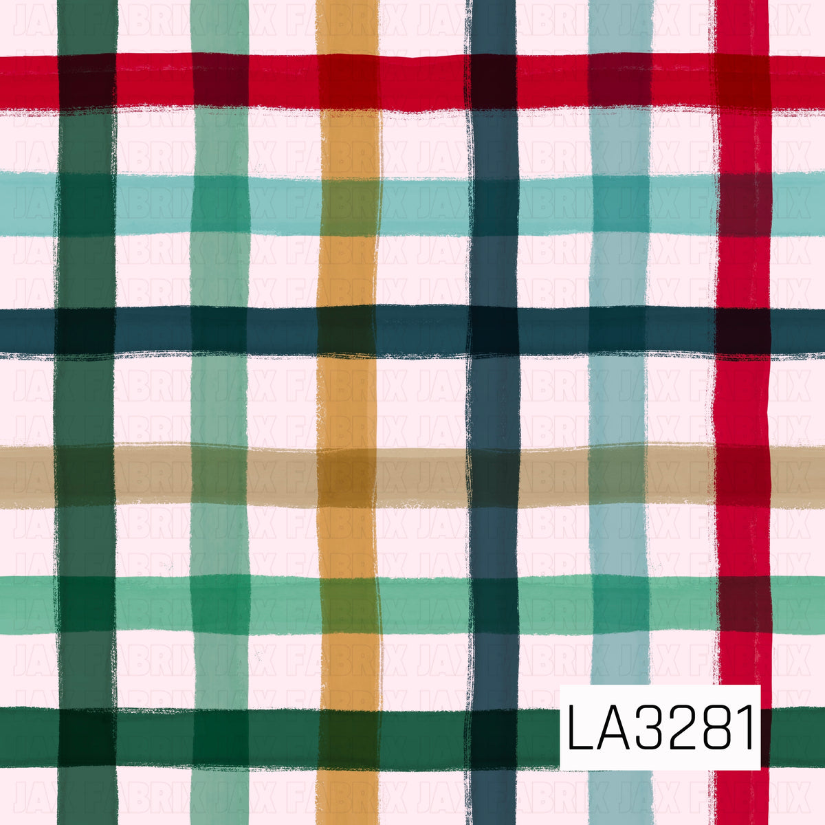A hand-painted plaid pattern featuring bold red, forest green, mint, aqua, golden mustard, and deep teal stripes on a soft blush pink background. The textured brushstrokes and overlapping colors give it a cozy, artistic holiday feel.
