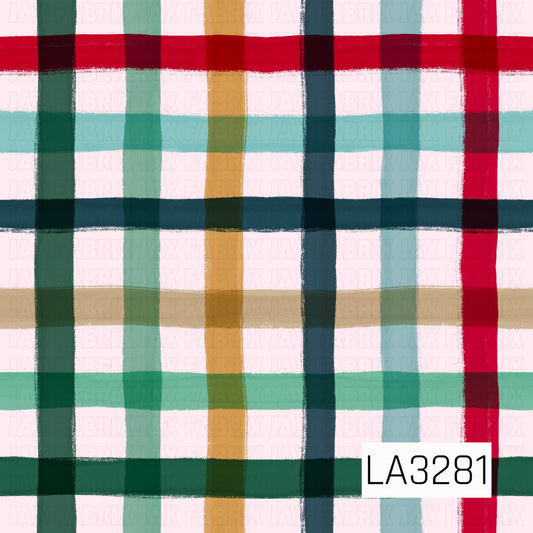 A hand-painted plaid pattern featuring bold red, forest green, mint, aqua, golden mustard, and deep teal stripes on a soft blush pink background. The textured brushstrokes and overlapping colors give it a cozy, artistic holiday feel.
