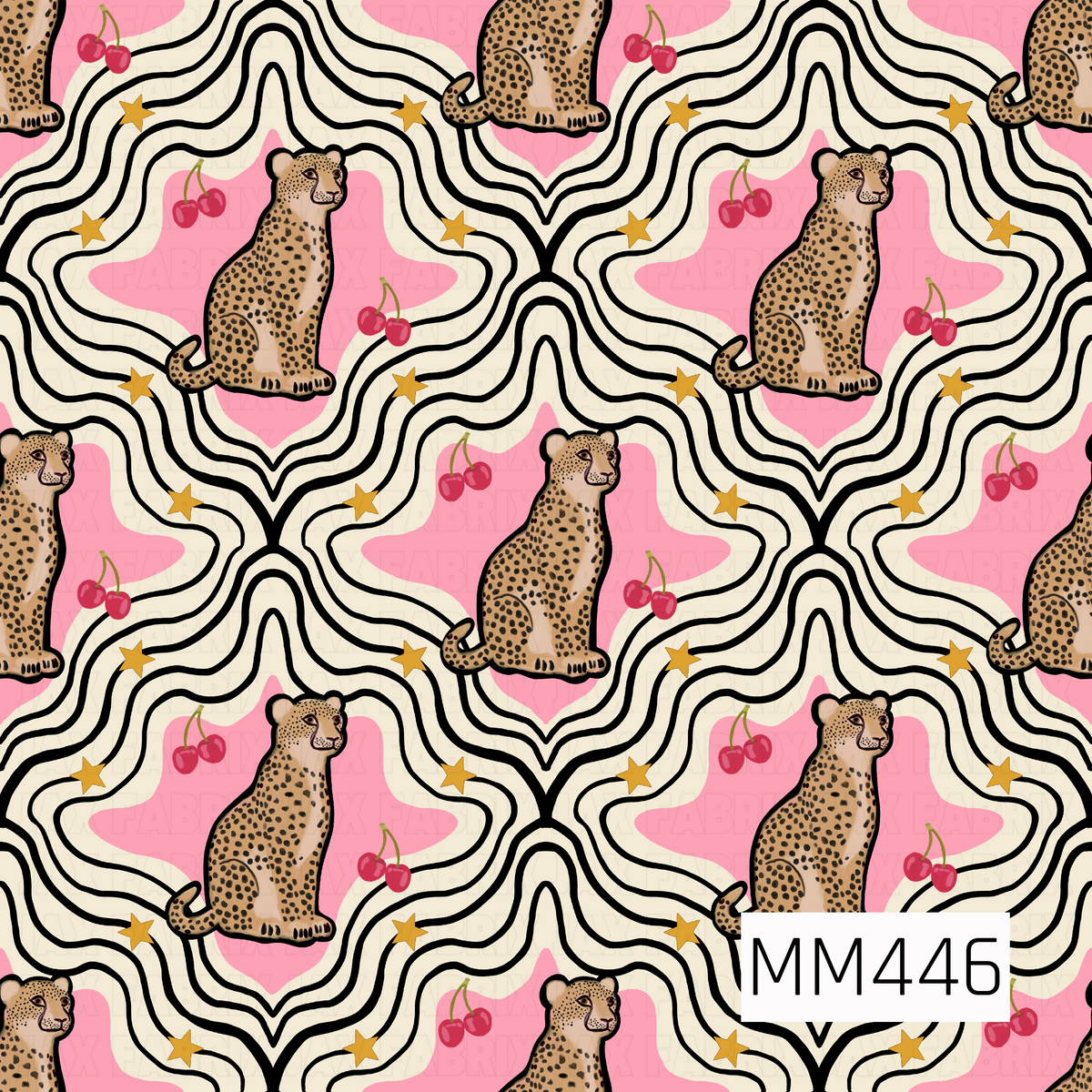 A funky retro pattern featuring spotted leopards sitting against bubblegum pink starburst shapes, surrounded by layered black and cream wavy lines. Scattered red cherries and golden yellow stars add playful pops of color throughout. The bold mix of animal print, warped geometric lines, and sweet cherry details gives this design a fun vintage-inspired, slightly groovy feel.