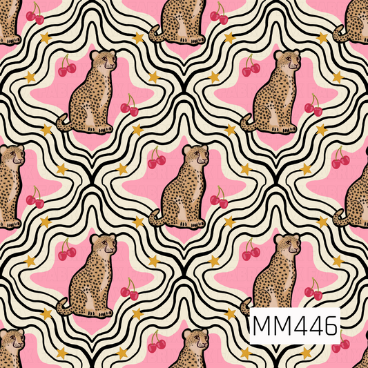 A funky retro pattern featuring spotted leopards sitting against bubblegum pink starburst shapes, surrounded by layered black and cream wavy lines. Scattered red cherries and golden yellow stars add playful pops of color throughout. The bold mix of animal print, warped geometric lines, and sweet cherry details gives this design a fun vintage-inspired, slightly groovy feel.