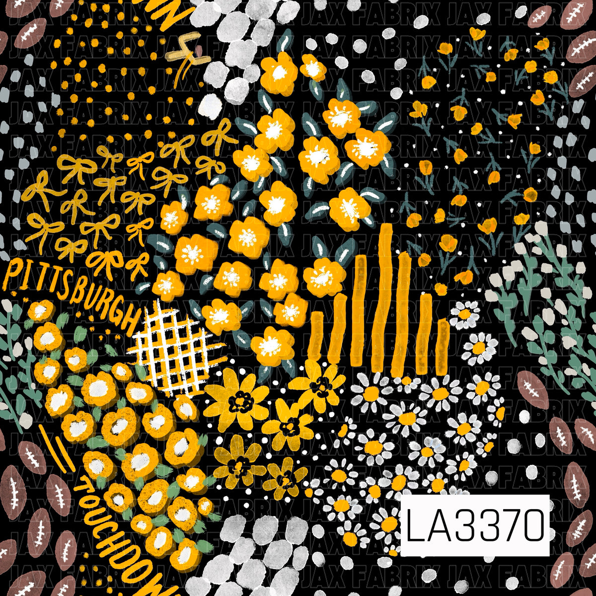 A bold Pittsburgh-inspired football print featuring golden yellow, black, white, and soft gray. Hand-painted florals, playful bows, footballs, scattered dots, sketchy stripes, and abstract accents are mixed with “Pittsburgh” and “Touchdown” lettering for a fun, artsy game day look.
