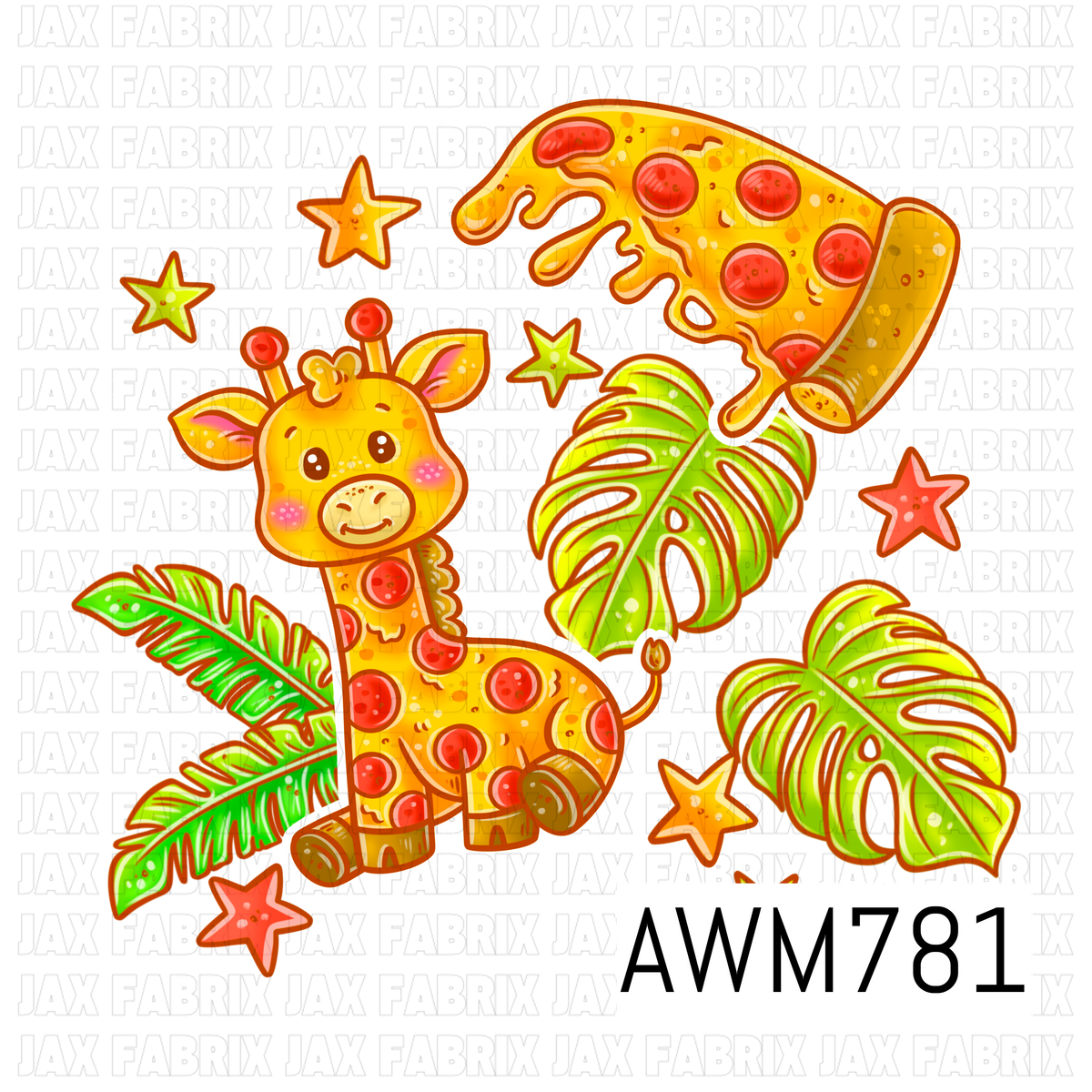 A playful PNG featuring an adorable giraffe with pepperoni pizza spots, a cheesy pizza slice, tropical monstera leaves, and colorful stars. This fun food-themed artwork is perfect for children’s apparel, bows, bags, stickers, tumblers, nursery décor, and other whimsical sewing and crafting projects.