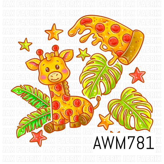 A playful PNG featuring an adorable giraffe with pepperoni pizza spots, a cheesy pizza slice, tropical monstera leaves, and colorful stars. This fun food-themed artwork is perfect for children’s apparel, bows, bags, stickers, tumblers, nursery décor, and other whimsical sewing and crafting projects.