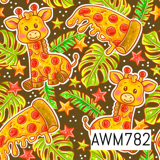 A playful seamless pattern featuring adorable giraffes with pepperoni pizza spots, cheesy pizza slices, tropical monstera leaves, colorful stars, and scattered dots on a rich brown background. This fun food-themed design is perfect for children’s apparel, quilts, blankets, nursery décor, bows, bags, and other whimsical sewing and crafting projects.