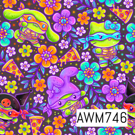 This vibrant seamless pattern features adorable ninja-inspired characters surrounded by colorful retro flowers, leafy accents, pizza slices, peace symbols, and scattered stars on a deep charcoal background. Bright shades of lime green, teal, purple, orange, and pink create a bold, playful aesthetic with fun nostalgic details.