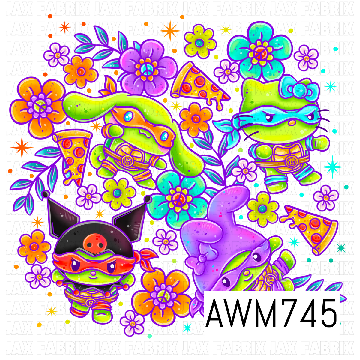 This vibrant PNG features adorable ninja-inspired characters surrounded by colorful retro flowers, leafy accents, pizza slices, peace symbols, and scattered stars in bold shades of lime green, teal, purple, orange, and pink. Perfect for creating stickers, sublimation designs, apparel, tumblers, planners, stationery, and other fun retro-inspired crafts.