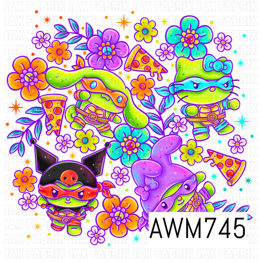 This vibrant PNG features adorable ninja-inspired characters surrounded by colorful retro flowers, leafy accents, pizza slices, peace symbols, and scattered stars in bold shades of lime green, teal, purple, orange, and pink. Perfect for creating stickers, sublimation designs, apparel, tumblers, planners, stationery, and other fun retro-inspired crafts.