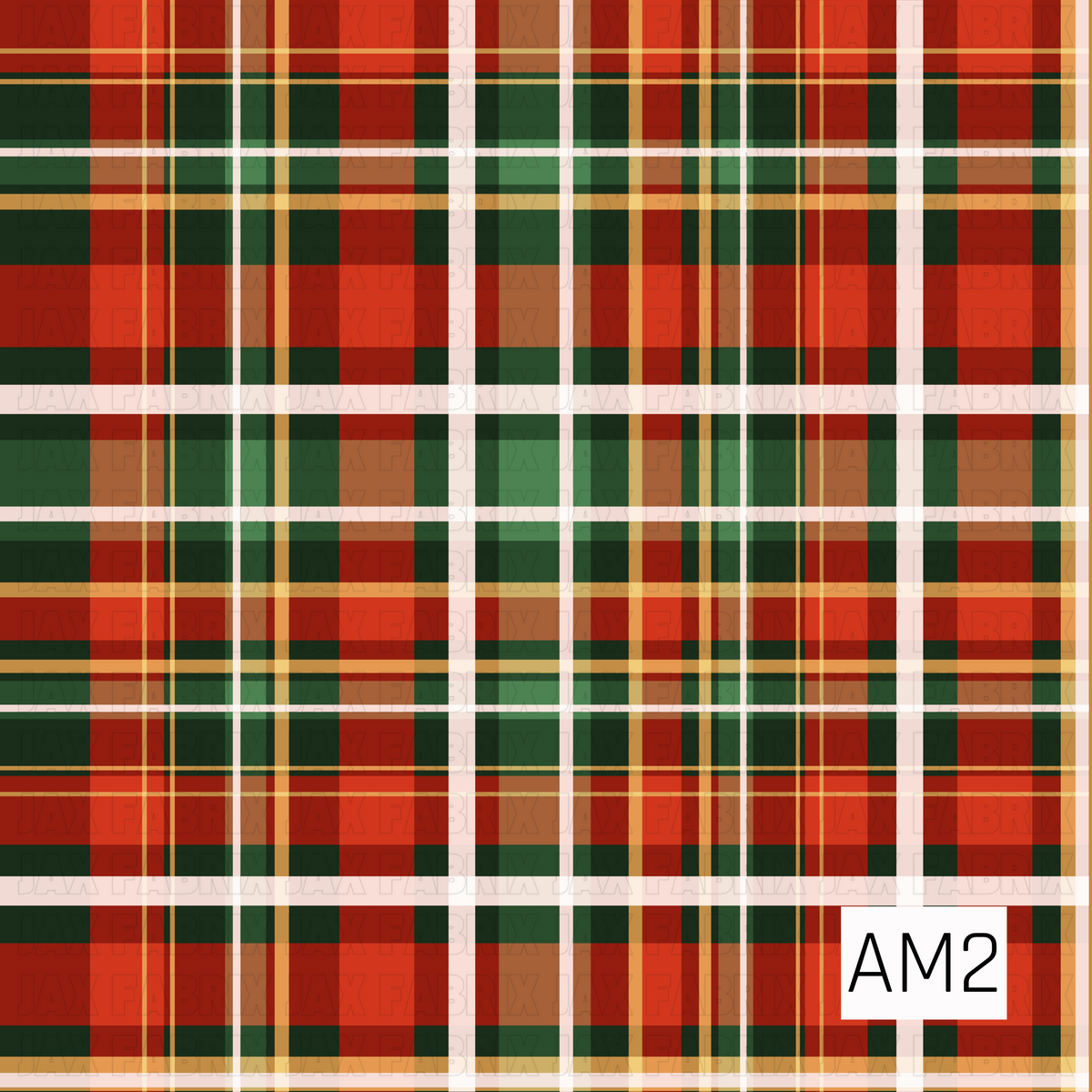 A bold Christmas plaid featuring rich red and deep evergreen blocks layered with crisp cream stripes and warm golden accents. The classic tartan-inspired layout gives it a festive, traditional holiday feel.
