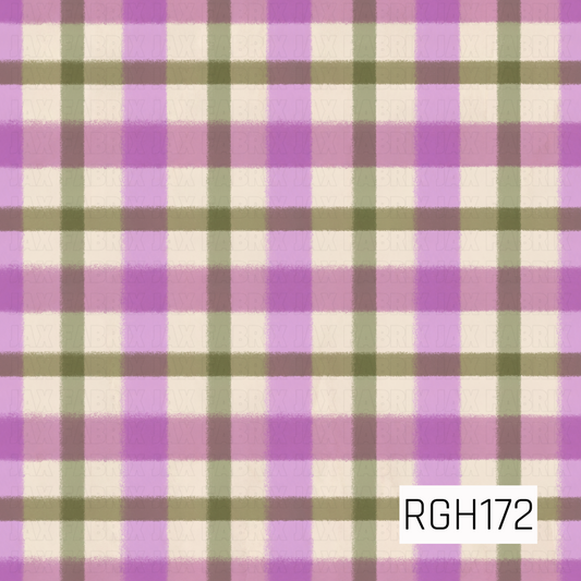 A soft, cozy plaid pattern featuring overlapping vertical and horizontal stripes in shades of lavender purple, dusty mauve, muted olive green, and creamy ivory. The varying stripe widths create a classic checkered design with beautifully blended colors where the lines intersect. Slightly fuzzy, textured edges give the pattern a soft, brushed fabric appearance, creating a charming combination of earthy tones and delicate pastel colors.