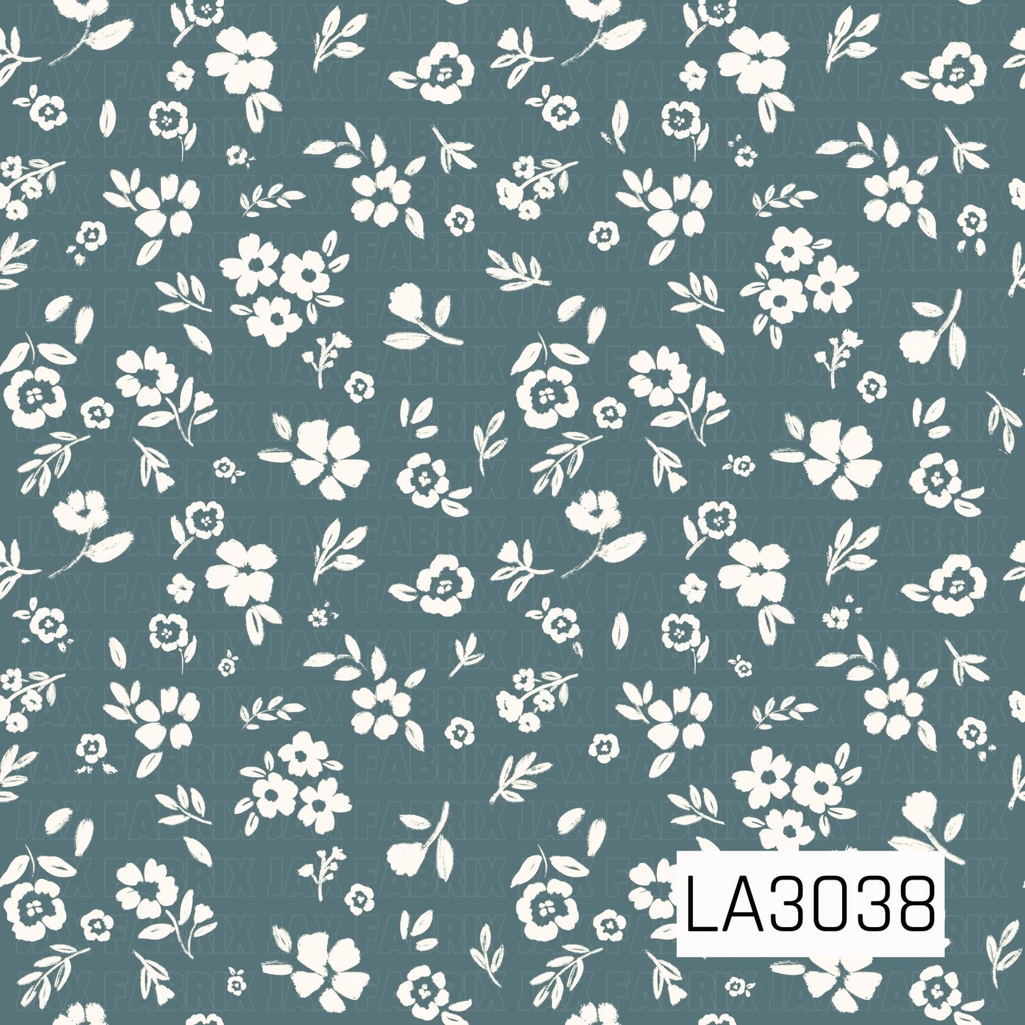 A delicate vintage floral featuring creamy blossoms and leafy sprigs scattered across a muted dusty blue background. The hand-painted texture and soft two-tone palette give it a charming, timeless cottage feel.
