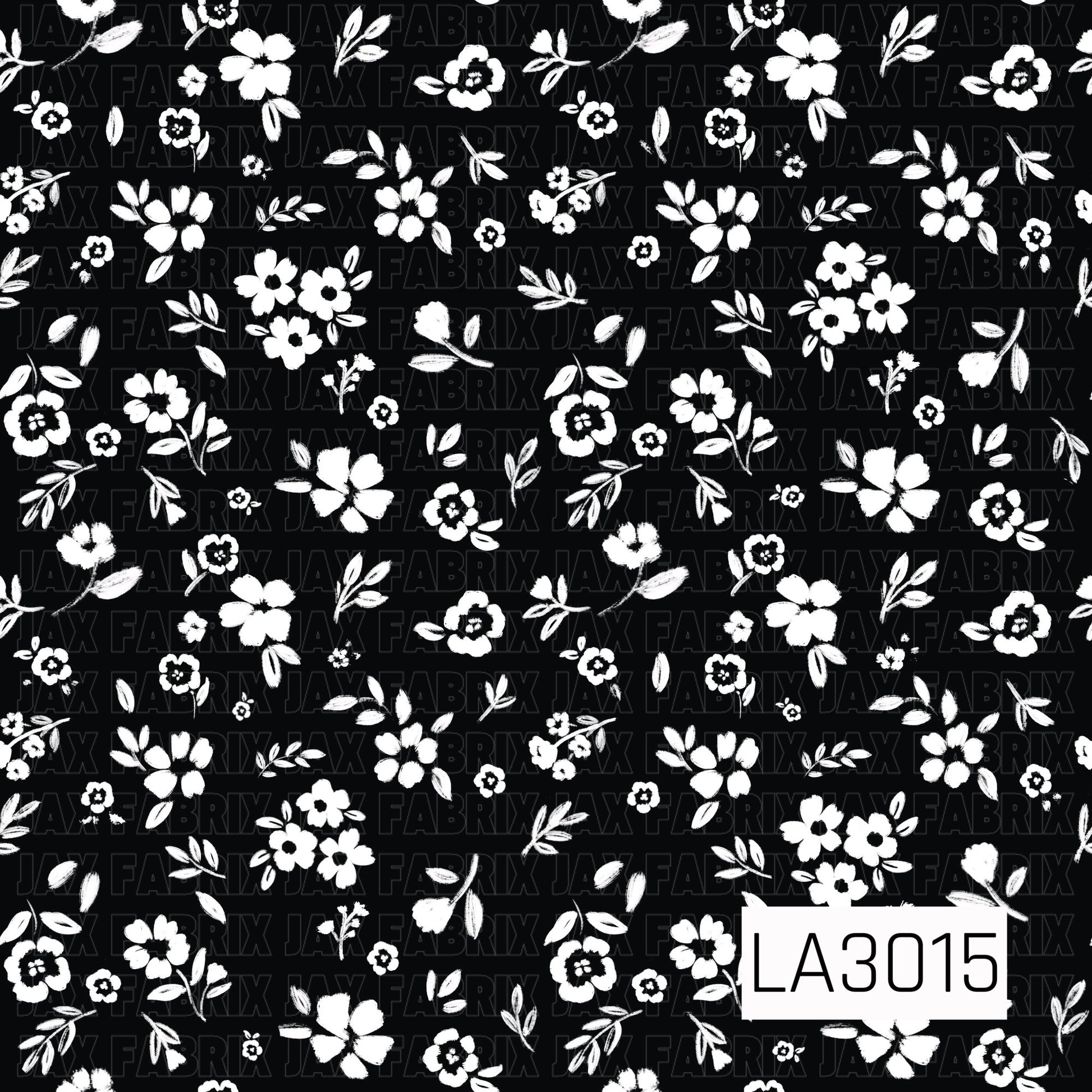 A bold black background scattered with white hand-painted flowers, leafy sprigs, and tiny floral details for a simple, classic botanical look.
