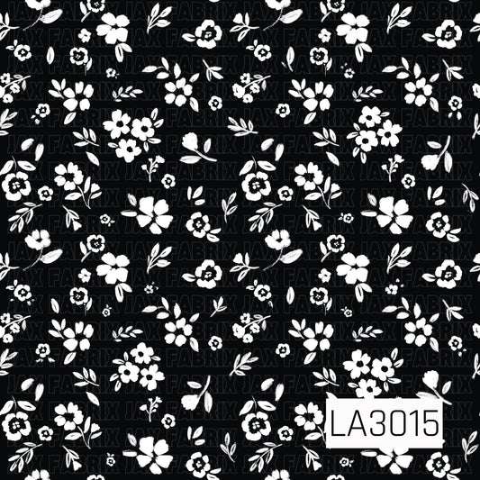 A bold black background scattered with white hand-painted flowers, leafy sprigs, and tiny floral details for a simple, classic botanical look.
