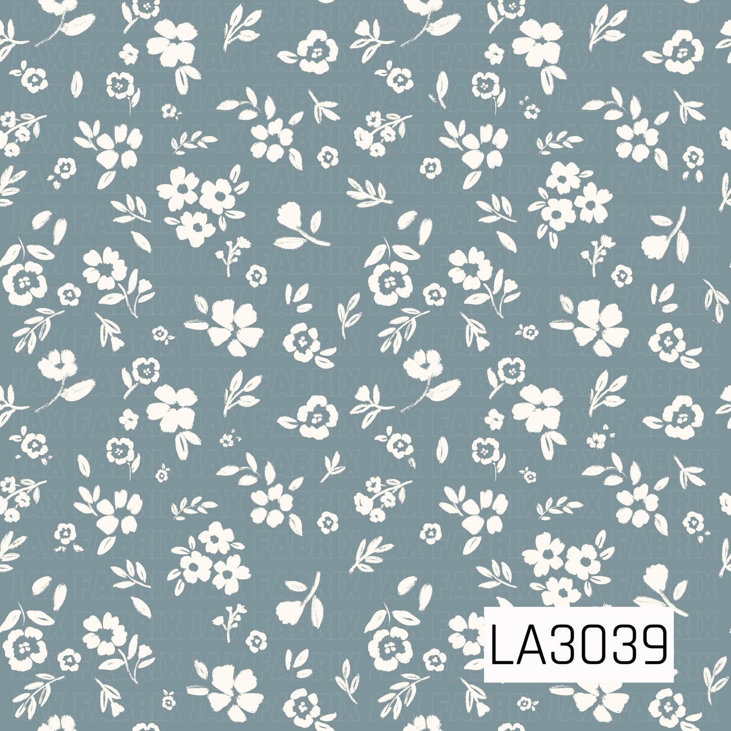 A delicate vintage floral featuring creamy white blossoms, tiny buds, and leafy sprigs scattered across a soft chambray blue background. The hand-painted texture gives it a sweet, timeless cottage feel.
