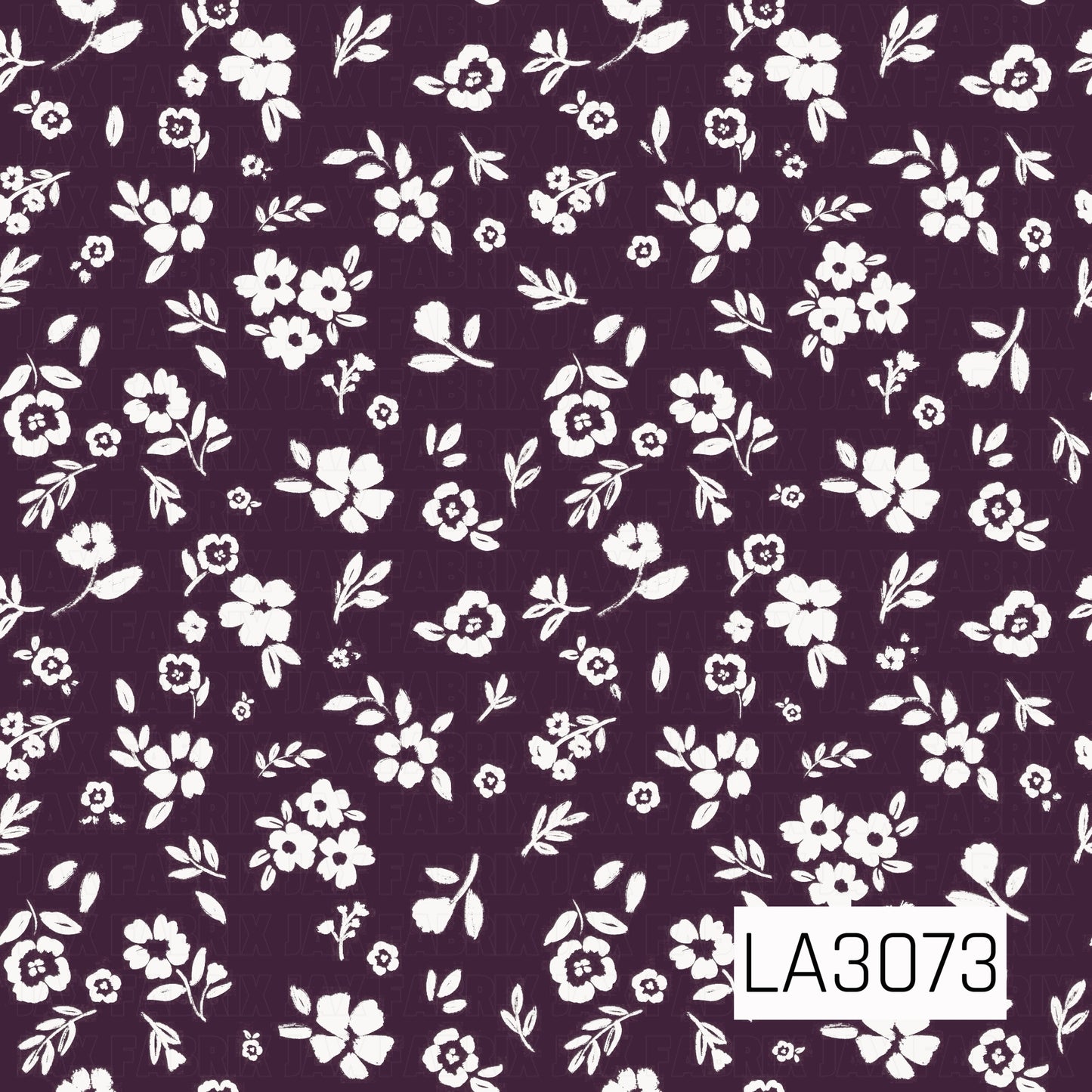 A delicate floral pattern featuring scattered white wildflowers, leafy sprigs, and petite blossoms across a rich dark plum-purple background. The hand-painted, slightly textured details create a charming vintage-inspired cottage feel with bold contrast.
