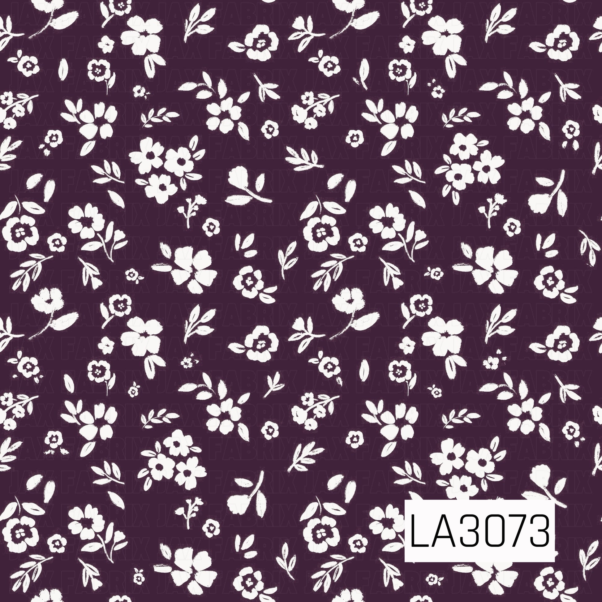 A delicate floral pattern featuring scattered white wildflowers, leafy sprigs, and petite blossoms across a rich dark plum-purple background. The hand-painted, slightly textured details create a charming vintage-inspired cottage feel with bold contrast.
