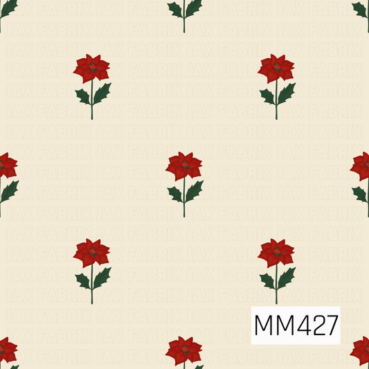 A simple Christmas floral pattern featuring scattered red poinsettias with deep green holly leaves and stems. The minimal, spaced-out arrangement sits on a warm cream background, giving the design a classic and understated holiday feel.

