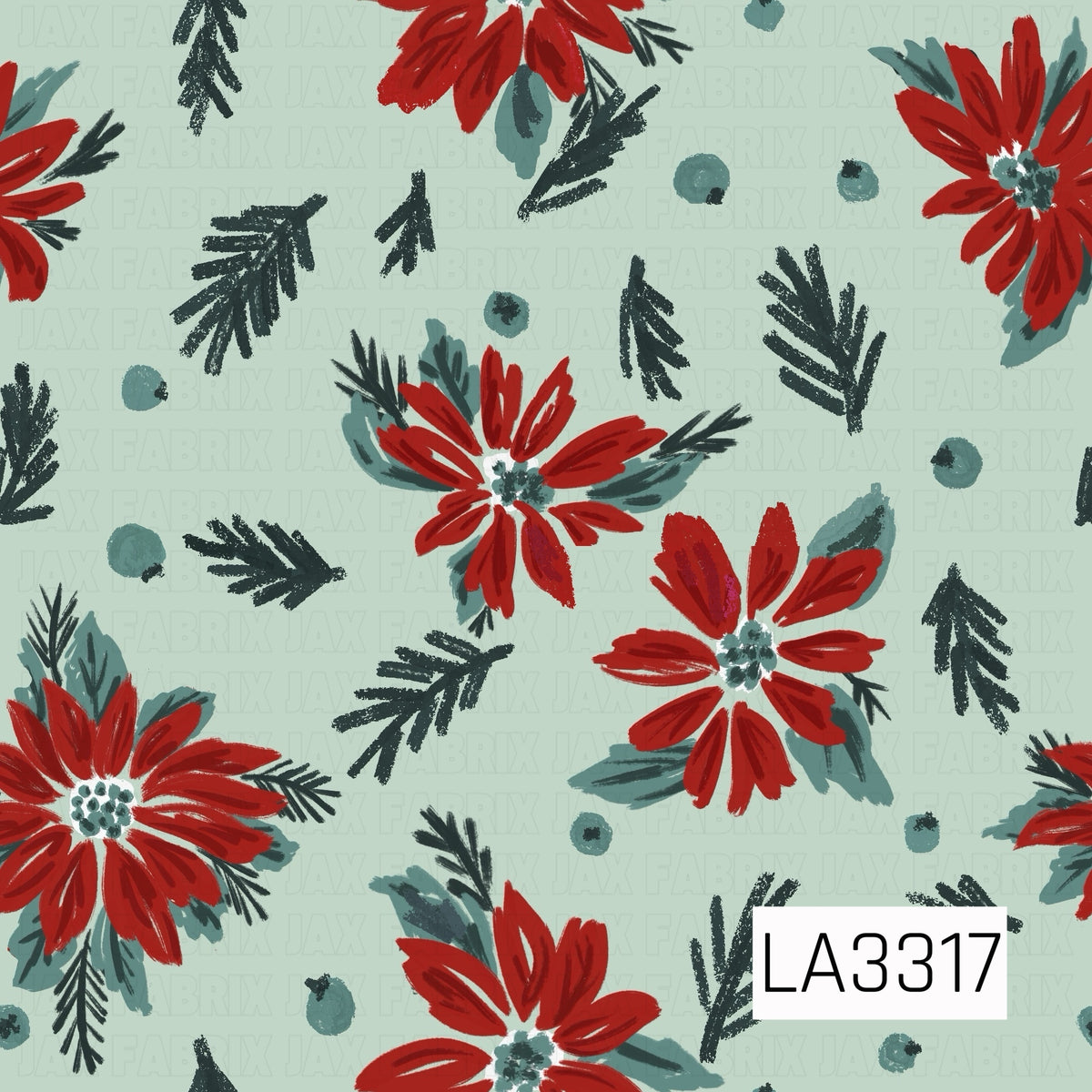 A festive Christmas floral pattern featuring rich red poinsettias, dark evergreen sprigs, muted green leaves and scattered berries against a soft vintage green background. The hand-painted style gives it a cozy, nostalgic holiday feel.
