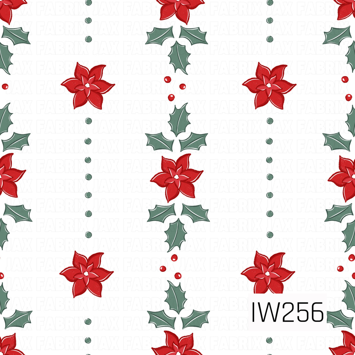 A classic Christmas pattern featuring vibrant red poinsettias, deep sage green holly leaves, and clusters of bright red berries arranged in repeating vertical stripes. Delicate green dotted accents complete the festive design against a crisp white background.