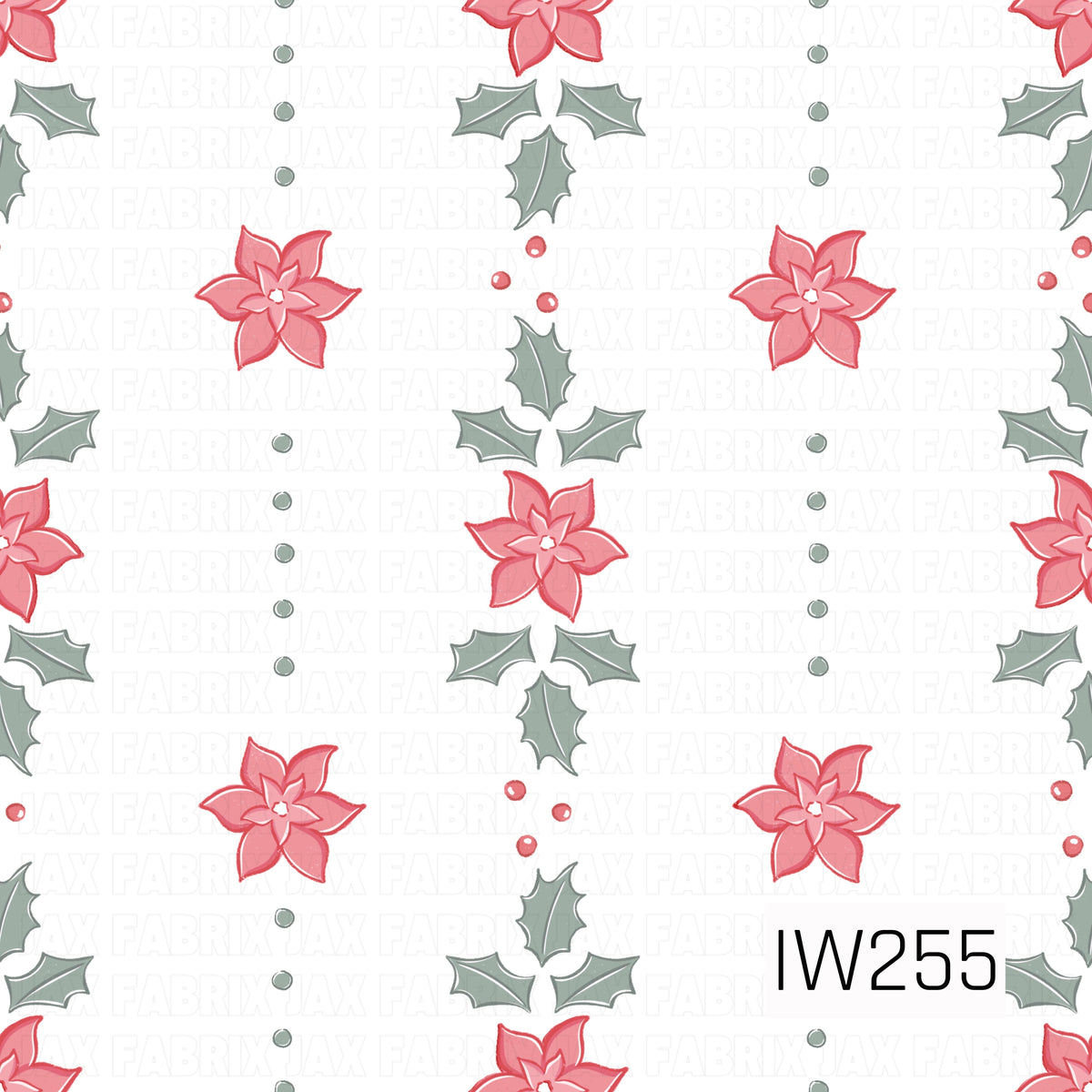 A delicate holiday pattern featuring soft pink poinsettias, muted sage green holly leaves, and tiny red berries arranged in repeating vertical stripes. Small sage green dots add a charming touch against the crisp white background, creating a sweet and feminine Christmas design.