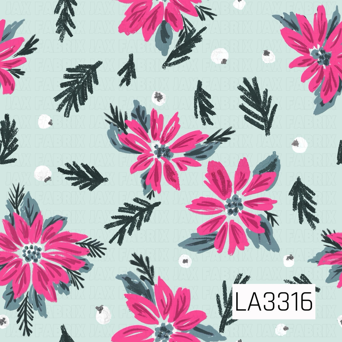 A playful Christmas floral pattern featuring bright pink poinsettias, dark evergreen sprigs, muted blue-green leaves and scattered white berries against a soft icy mint background. The hand-painted style gives it a fun, feminine twist on a classic holiday floral.
