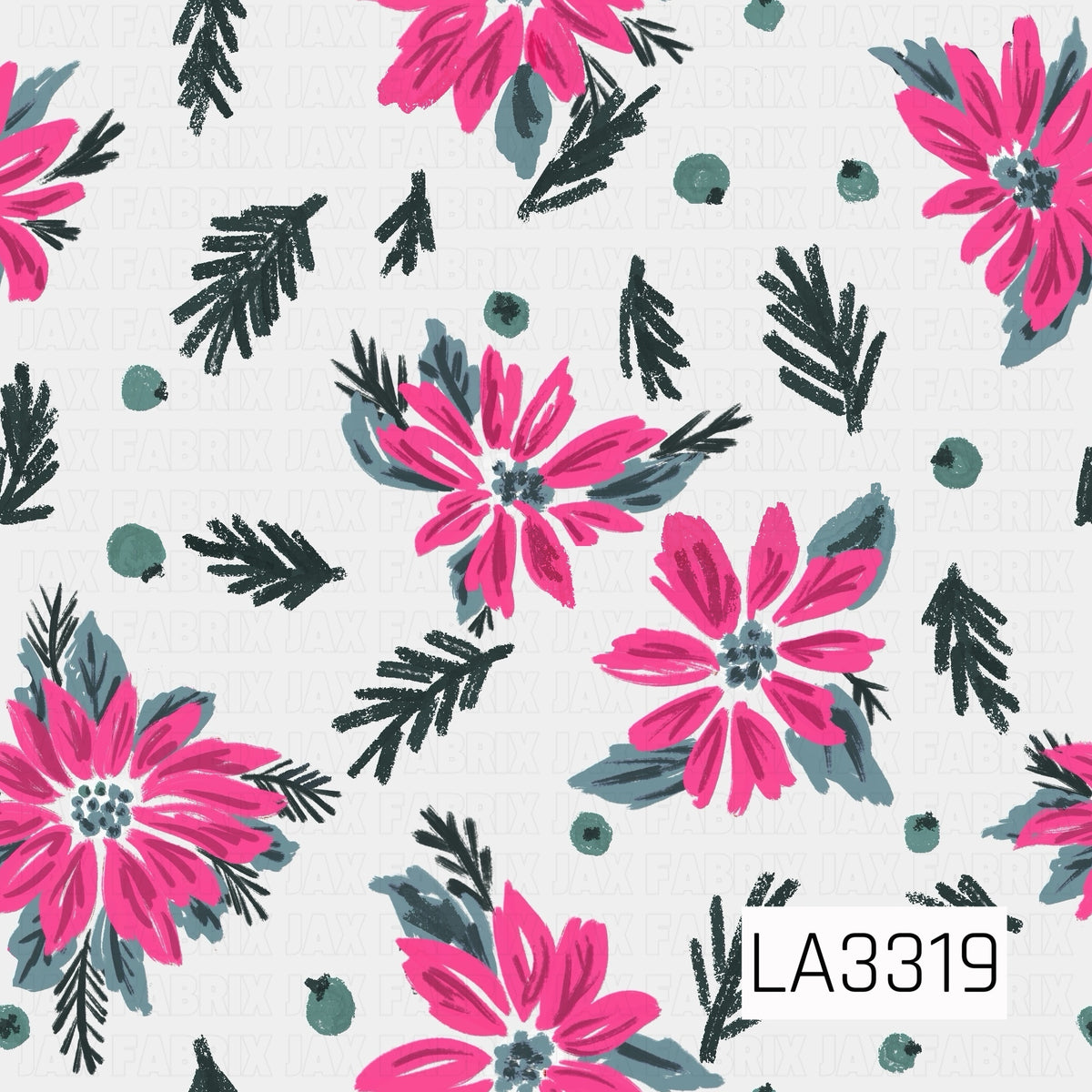 A festive Christmas floral pattern featuring bright pink poinsettias, dark evergreen sprigs, muted blue-green leaves and scattered green berries against a crisp white background. The hand-painted style gives it a fresh, playful twist on a classic holiday floral.
