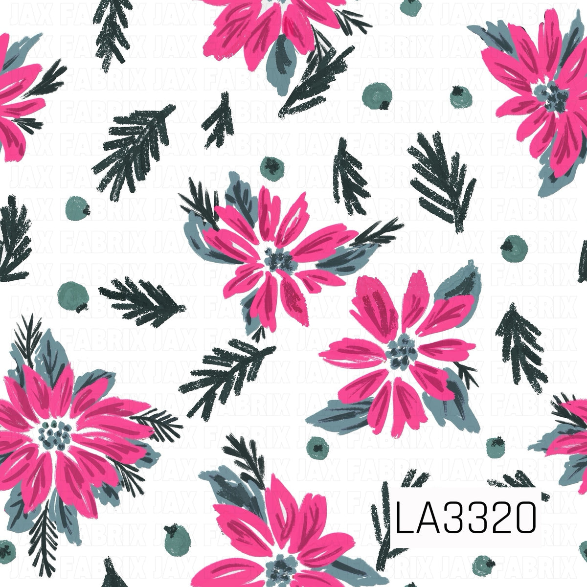 A festive Christmas floral pattern featuring bright pink poinsettias, dark evergreen sprigs, muted blue-green leaves and scattered green berries against a crisp white background. The hand-painted style gives it a fresh, colorful and preppy holiday feel.
