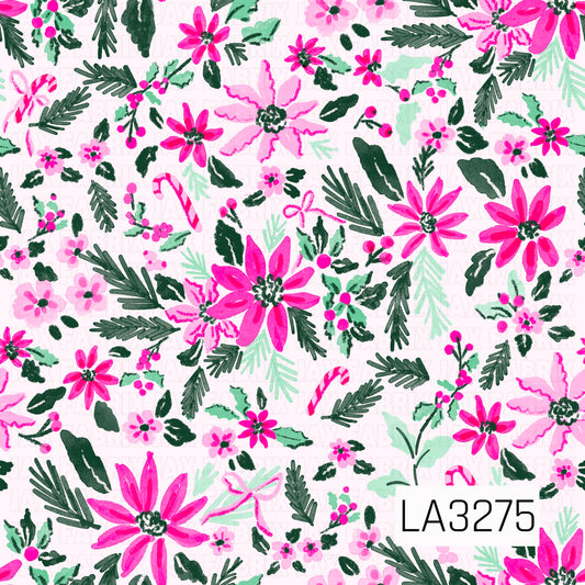 A bright Christmas floral pattern featuring bold hot pink and soft pink poinsettias, evergreen sprigs, holly leaves and berries, candy canes, and delicate bow accents. Deep green and mint foliage stand out against the crisp white background for a playful, colorful holiday look.
