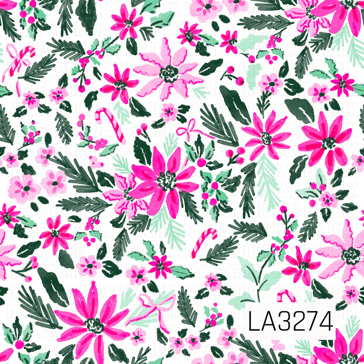 A bright Christmas floral pattern featuring bold hot pink and soft pink poinsettias, evergreen sprigs, holly leaves and berries, candy canes, and delicate bow accents. Deep green and mint foliage stand out against the crisp white background for a playful, colorful holiday look.
