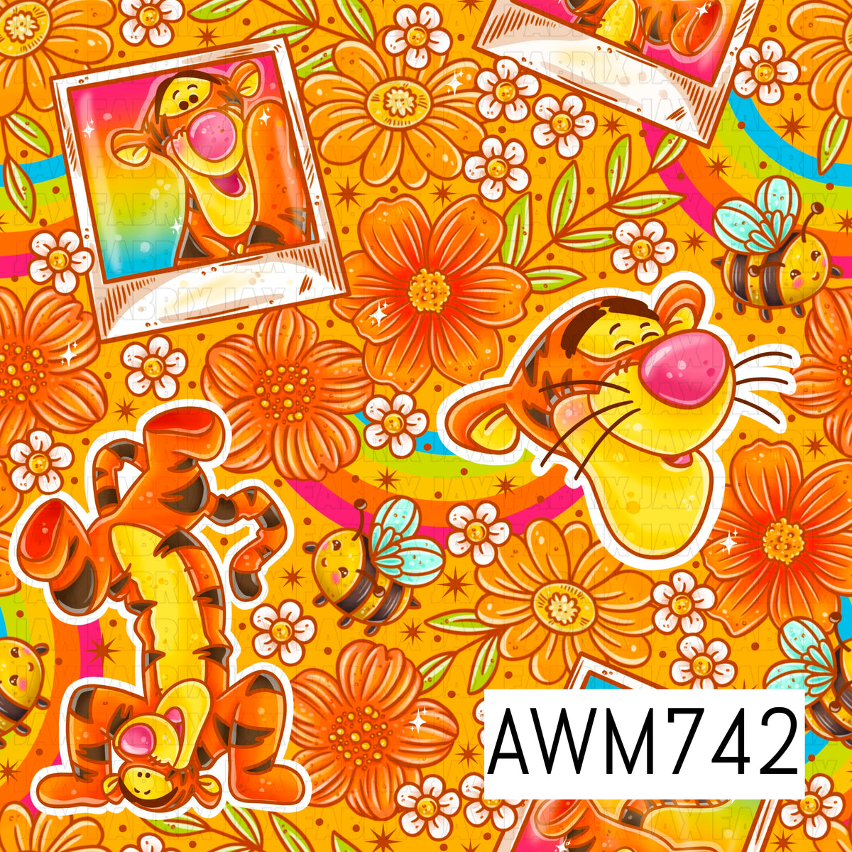 This cheerful seamless pattern features playful tiger characters, buzzing bees, retro rainbows, blooming orange and white flowers, leafy accents, and Polaroid-style snapshots on a warm golden orange background. Bright shades of orange, yellow, pink, teal, green, and white create a fun, nostalgic aesthetic with whimsical hand-drawn details.