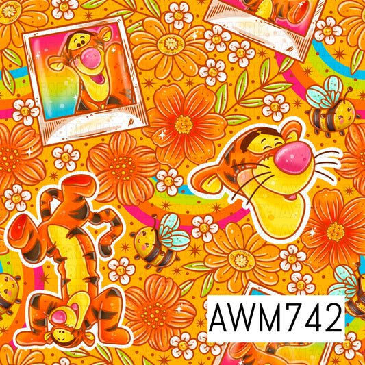 This cheerful seamless pattern features playful tiger characters, buzzing bees, retro rainbows, blooming orange and white flowers, leafy accents, and Polaroid-style snapshots on a warm golden orange background. Bright shades of orange, yellow, pink, teal, green, and white create a fun, nostalgic aesthetic with whimsical hand-drawn details.