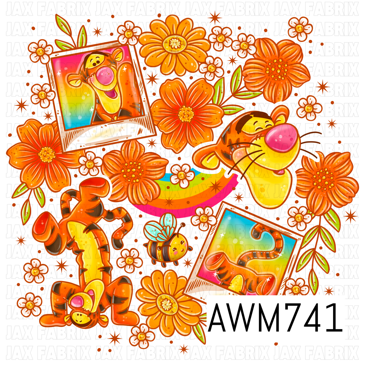 This adorable PNG features playful tiger characters, buzzing bees, retro rainbows, blooming orange and white flowers, leafy accents, and Polaroid-style snapshots in bright shades of orange, yellow, pink, teal, green, and white. Perfect for creating stickers, sublimation designs, apparel, tumblers, planners, stationery, and other fun nostalgic-inspired crafts.