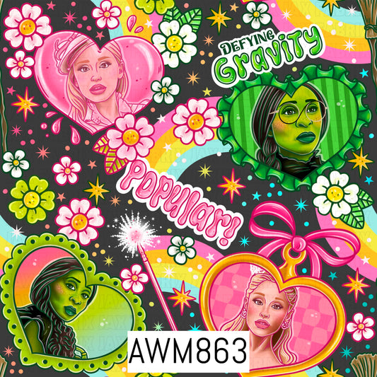 A vibrant magical-themed design featuring pink and green heart-shaped portrait frames showcasing glamorous princess-inspired and green-skinned witch characters. Surrounded by colorful rainbows, flowers, stars, sparkles, bows, and a magic wand, the artwork includes whimsical “Popularity!” and “Defying Gravity” phrases in a bold pink, green, and black color background palette, creating a playful enchanted aesthetic.