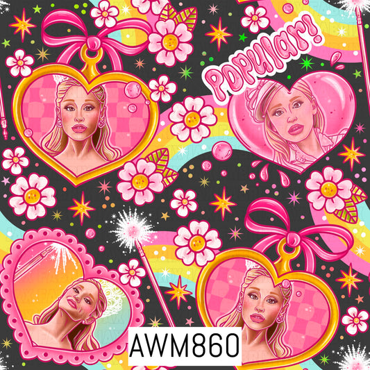 A whimsical pink fantasy-themed design featuring glamorous princess-inspired portraits displayed inside decorative heart-shaped frames. Surrounded by rainbows, flowers, sparkles, stars, bubbles, bows, and magic wands, the artwork highlights the playful “Popularity!” phrase in bright pink lettering, creating a cheerful and enchanting fairytale aesthetic.