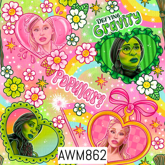 A bright pastel fantasy-themed design featuring pink and green heart-shaped portrait frames with glamorous princess-inspired and green-skinned witch characters. Surrounded by colorful rainbows, flowers, sparkles, stars, bows, and a glowing magic wand, the artwork showcases whimsical “Popularity!” and “Defying Gravity” phrases in a cheerful pink, green, and yellow color palette for a magical, storybook-inspired look.