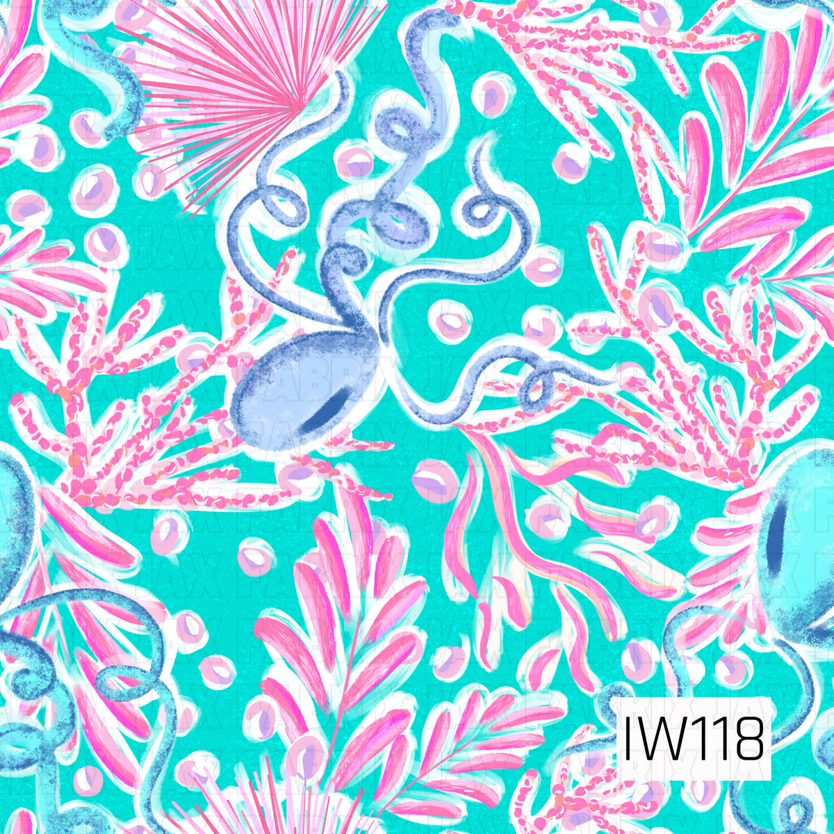 A vibrant tropical-inspired seamless pattern featuring whimsical blue octopuses with swirling tentacles surrounded by bright pink coral, flowing seaweed, delicate fan-shaped sea plants, and scattered lavender bubbles. The bold turquoise background creates a striking contrast against the playful pink, blue, and purple details. Textured brushstrokes and layered white accents give this colorful underwater design a fun, artistic, and preppy coastal feel.