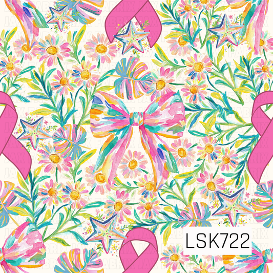 A bright watercolor seamless design filled with colorful florals, oversized bows, pink awareness ribbons, decorative stars, and tropical-style leaves. Vibrant shades of pink, teal, yellow, orange, and green create a cheerful, uplifting look against a soft cream background.
