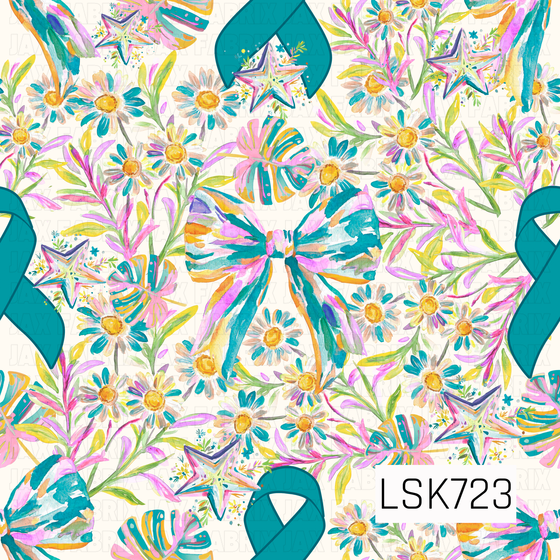A bright watercolor seamless design featuring teal awareness ribbons surrounded by colorful florals, oversized painted bows, decorative stars, and leafy greenery. Vibrant shades of teal, pink, yellow, orange, and green create a cheerful, uplifting look against a soft cream background.
