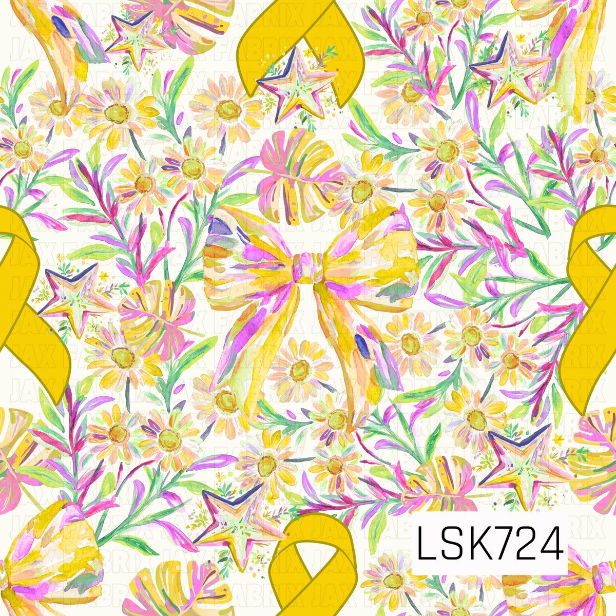 A bright watercolor seamless design featuring bold yellow awareness ribbons surrounded by colorful florals, oversized painted bows, decorative stars, and leafy greenery. Vibrant shades of yellow, pink, purple, orange, and green create a cheerful, uplifting look against a soft cream background.

