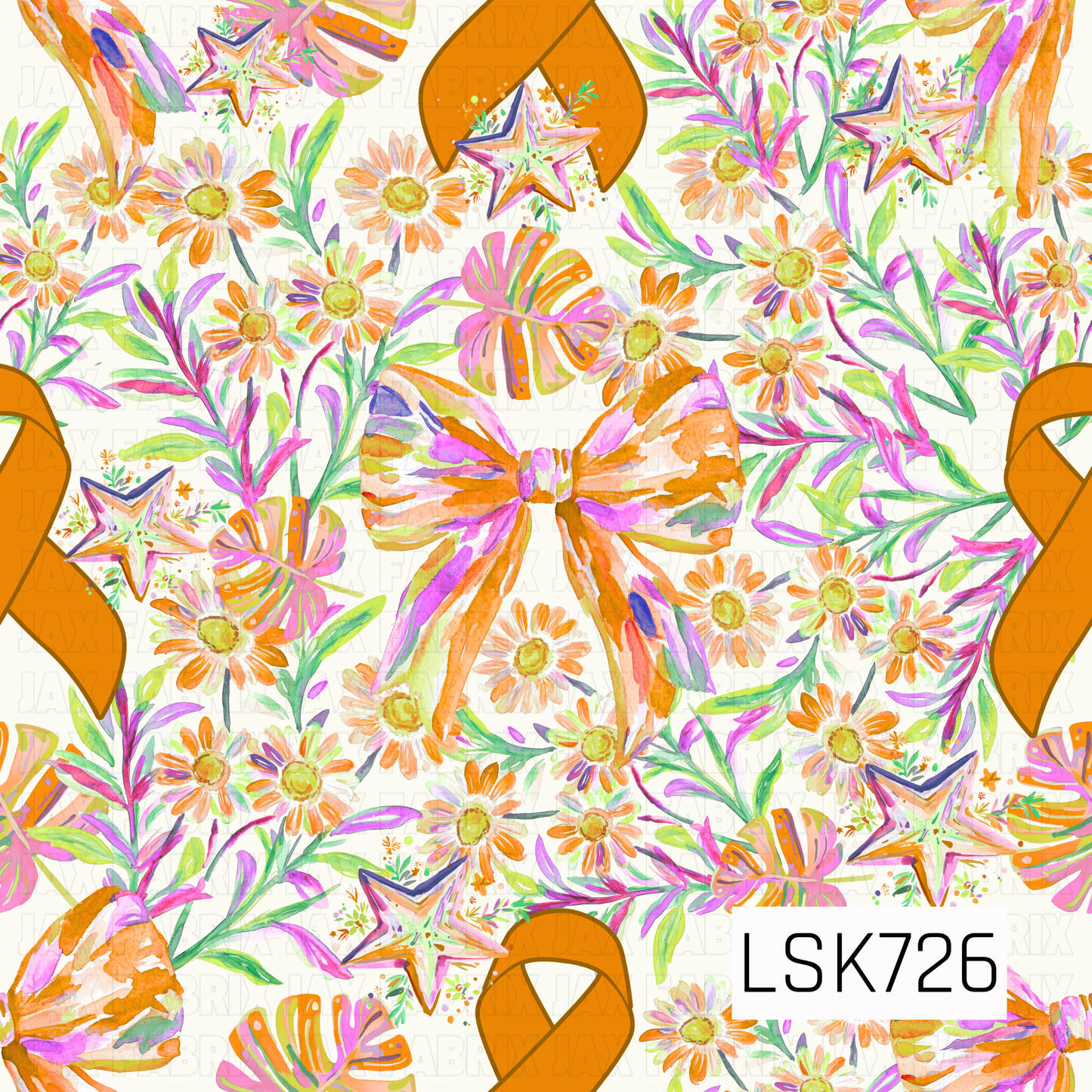 A vibrant watercolor seamless design featuring bold orange awareness ribbons surrounded by colorful florals, oversized painted bows, decorative stars, and lush greenery. Bright shades of orange, pink, purple, yellow, and green create a cheerful, uplifting look against a soft cream background.
