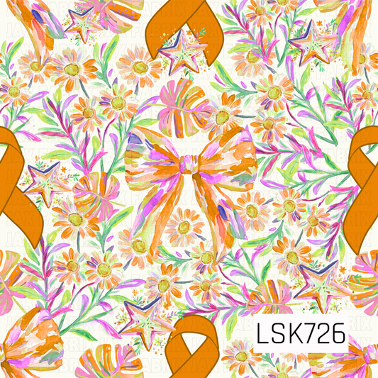 A vibrant watercolor seamless design featuring bold orange awareness ribbons surrounded by colorful florals, oversized painted bows, decorative stars, and lush greenery. Bright shades of orange, pink, purple, yellow, and green create a cheerful, uplifting look against a soft cream background.
